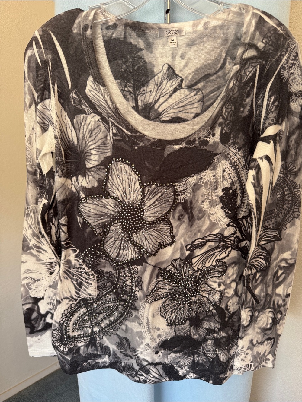 Cache Black & White Floral Long-Sleeve Tee